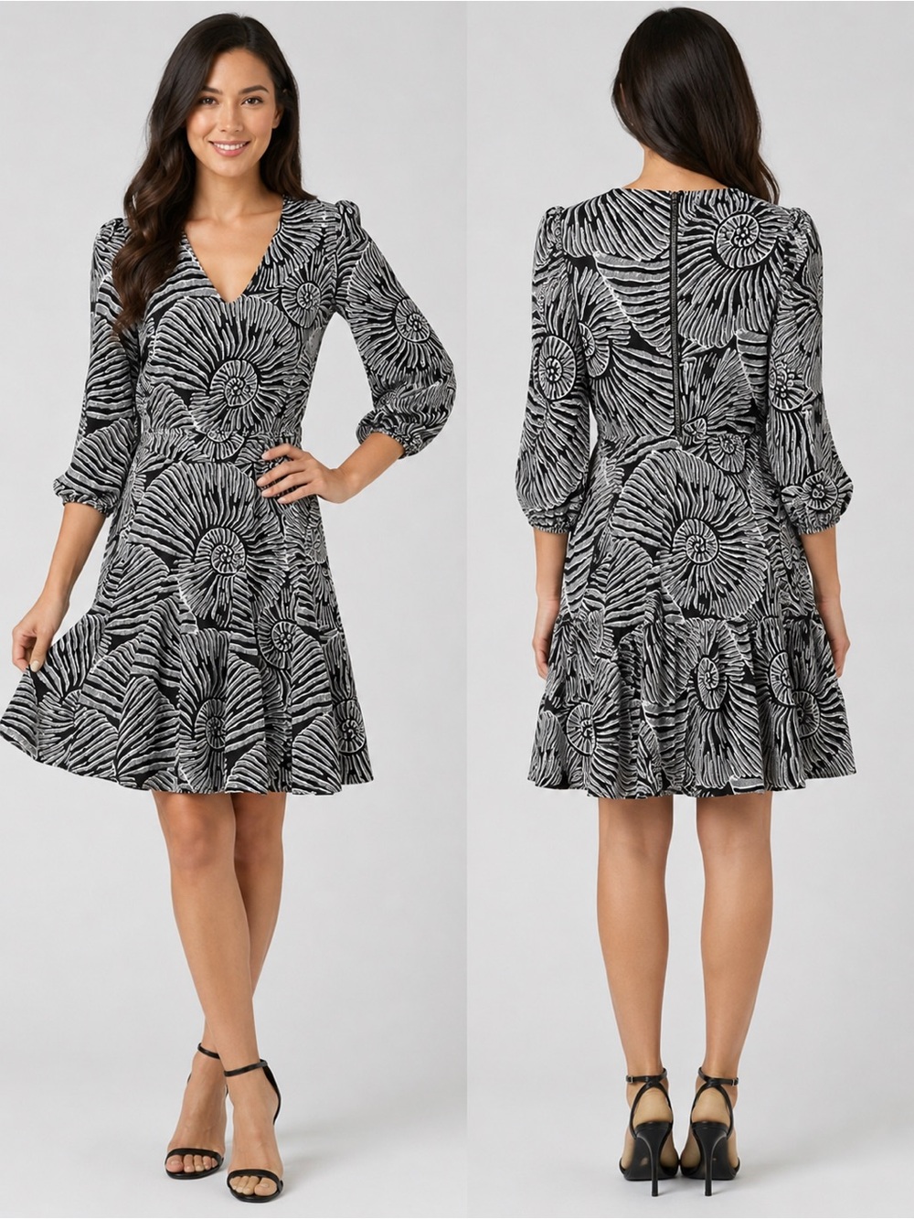 Printed Fossil V-Neck Midi Dress